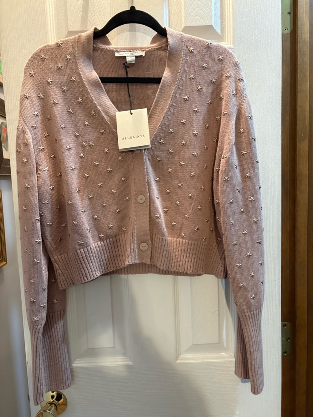 All Saints Dusty Pink Star-Studded Cropped Cardigan